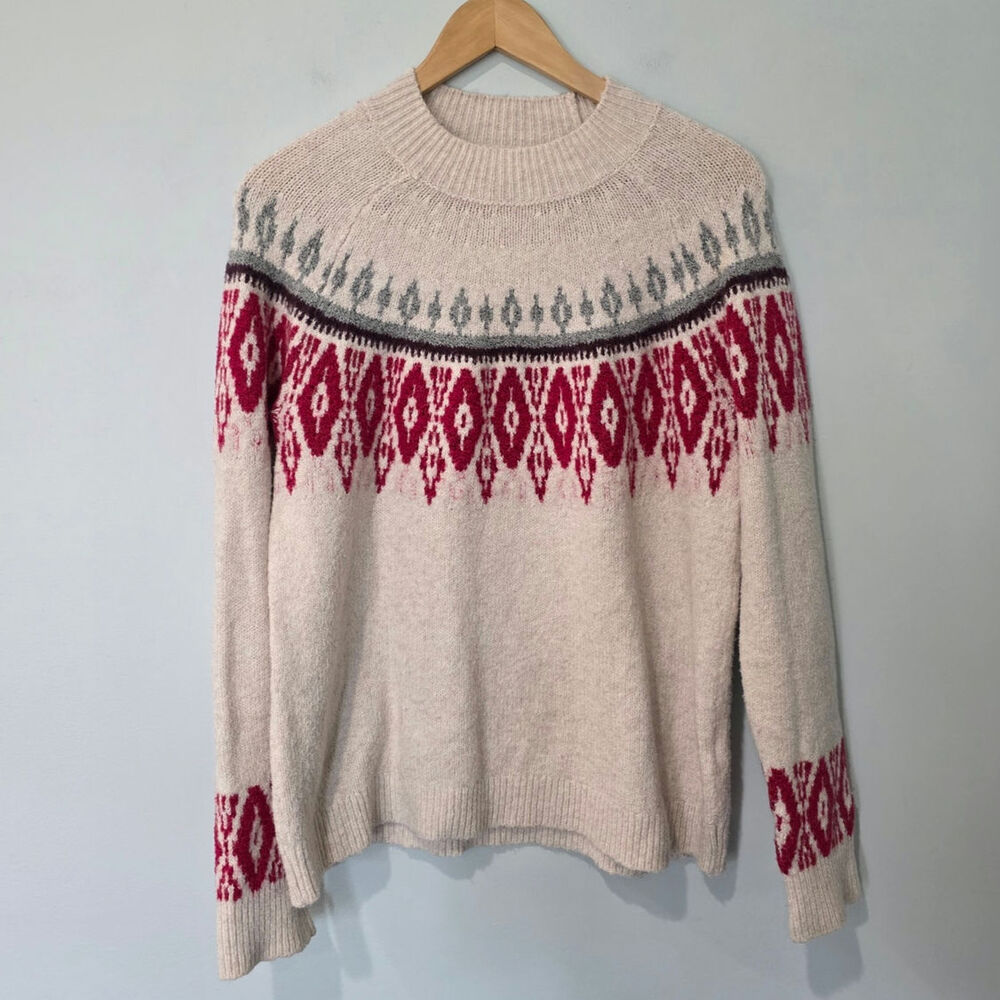 Lucky Brand Womens M Fair Isle Sweater Oatmeal Red Nordic Pullover Crewneck